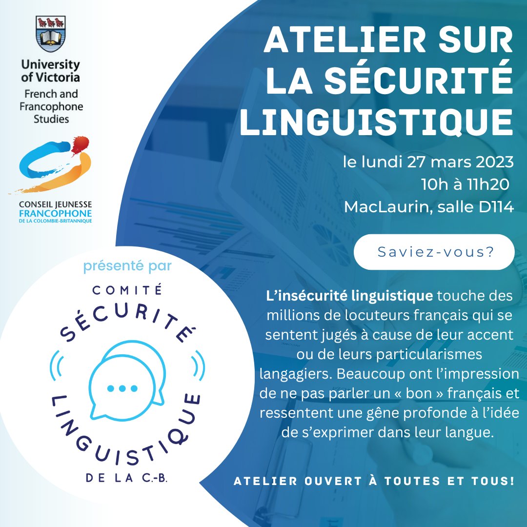 Saviez-vous? L'insécurité linguistique touche des millions de locuteurs français qui se sentent jugés à cause de leur accent ou de leurs particularismes langagiers. Cela vous interpelle? Joignez-vous à nous le 27 mars pour un atelier présenté par <a href="/CJFCB/">CJFCB</a> 
➡️bit.ly/3FCmrpR