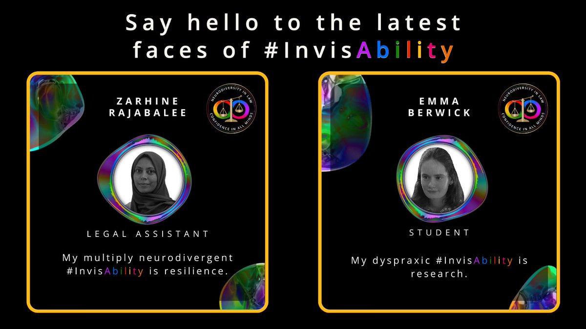 ndin_law's tweet photo. Say hello to the latest faces of #InvisAbility! ๐
๐ง Zarhine Rajabalee, Legal Assistant: "My multiply neurodivergent #InvisAbility is resilience."
๐ง Emma Berwick, Student: "My dyspraxic #InvisAbility is research."
We're still accepting entries: https://t.co/Sp44Vb13aD https://t.co/XSBGJks0Nm