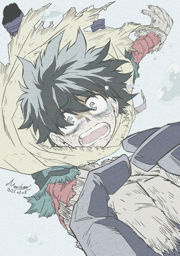 midoriya izuku male focus open mouth gloves multiple boys signature black hair torn clothes  illustration images
