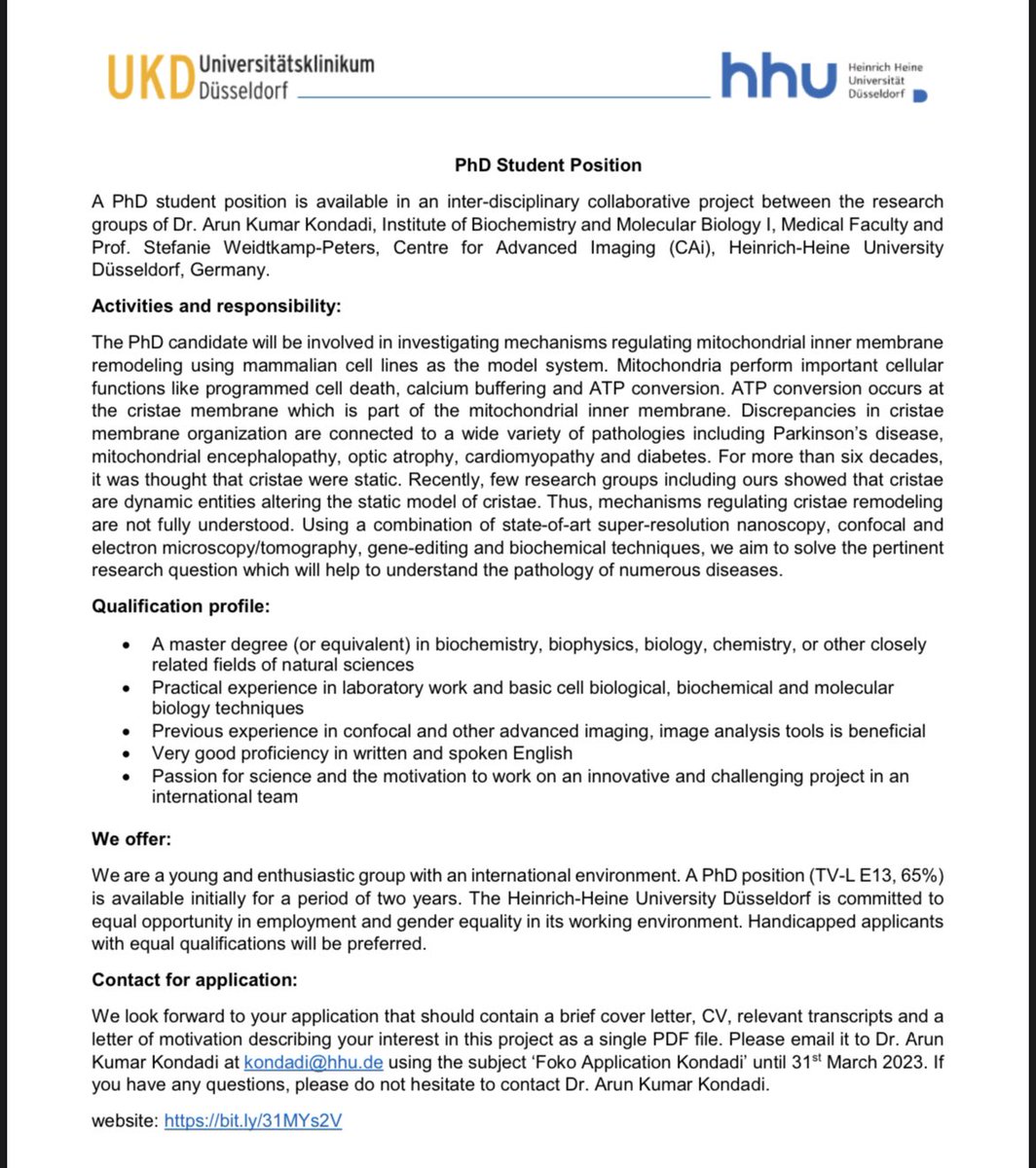 KondadiLab's tweet image. A Phd student position is immediately available in my group in Düsseldorf concerning mitochondrial cristae remodeling. Please RT to help me find motivated Students who finished their Masters program recently and are interested in microscopy-based research.