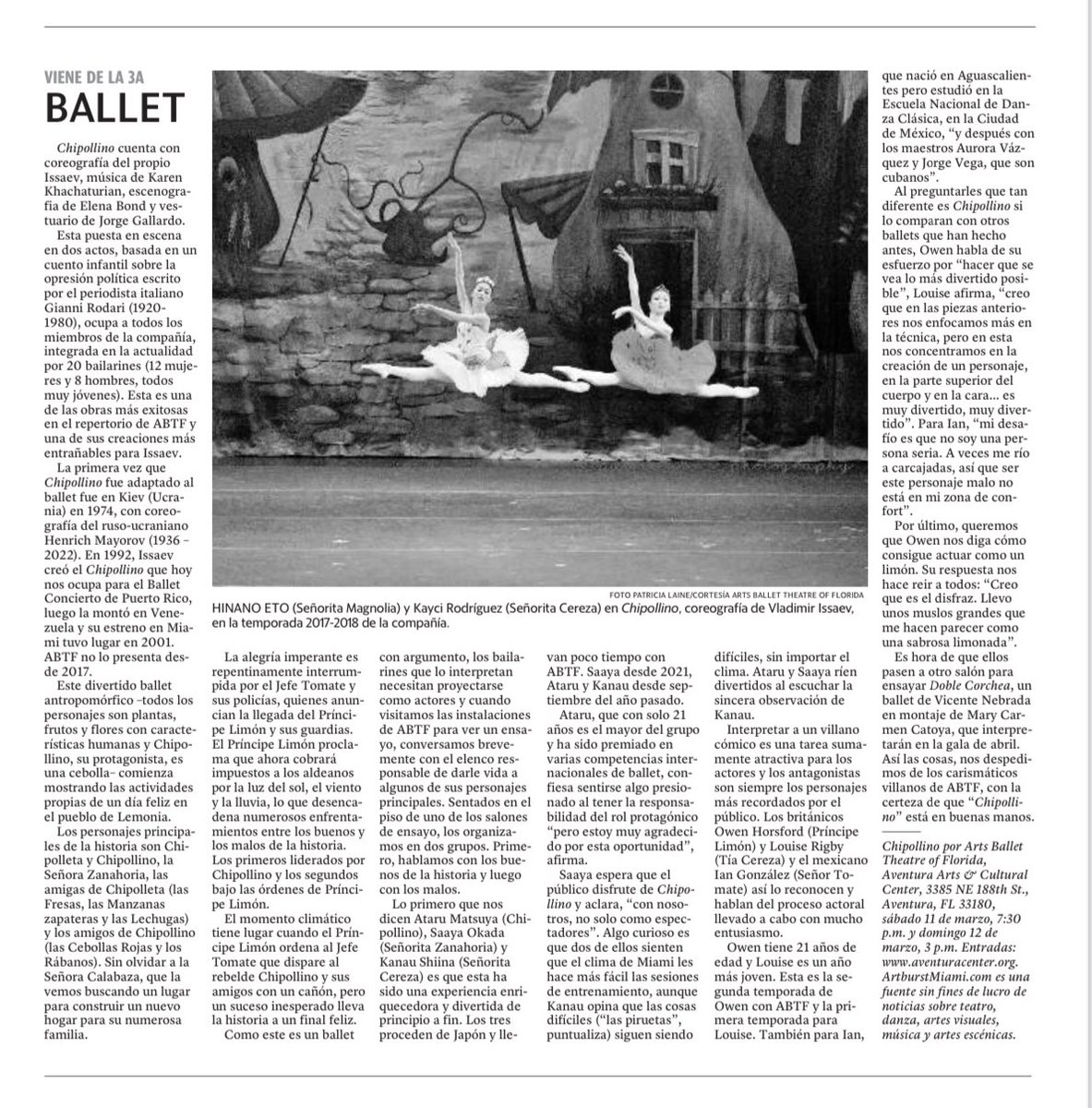 Para los que prefieren leer la versión impresa… así aparece hoy <a href="/elnuevoherald/">el Nuevo Herald</a> sobre el “Chipollino” de <a href="/ArtsBallet/">Arts Ballet Theatre</a> este sábado 11/03 y domingo 12/03 <a href="/aventuracenter/">Aventura Arts Ctr.</a> #ballet #VladimirIssaev <a href="/RubyRomero/">Ruby Romero-Issaev</a> <a href="/maruantunano/">Maru Antuñano</a> <a href="/MiamiDadeArts/">MDC Cultural Affairs</a> @ArtsBizMiami <a href="/casadanza1/">casadeladanzalogroño</a> <a href="/DanzadanceOrg/">DANZADANCE ORG</a>