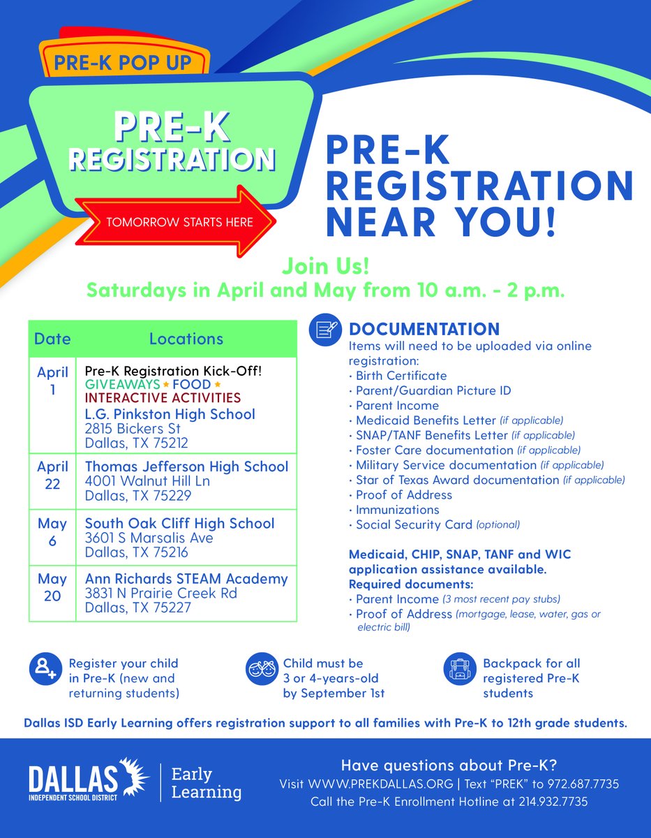PRE-K POP UP TIME! PreK Registration for the 2023-2024 school year is coming soon! Join our FAMILY FUN Kick-Off at Pinkston HS on April 1 from 10-2! Food, giveaways, and benefit assistance will be available! 🙌 Reach out to 214-932-7735 for information! @ICanReadDallas