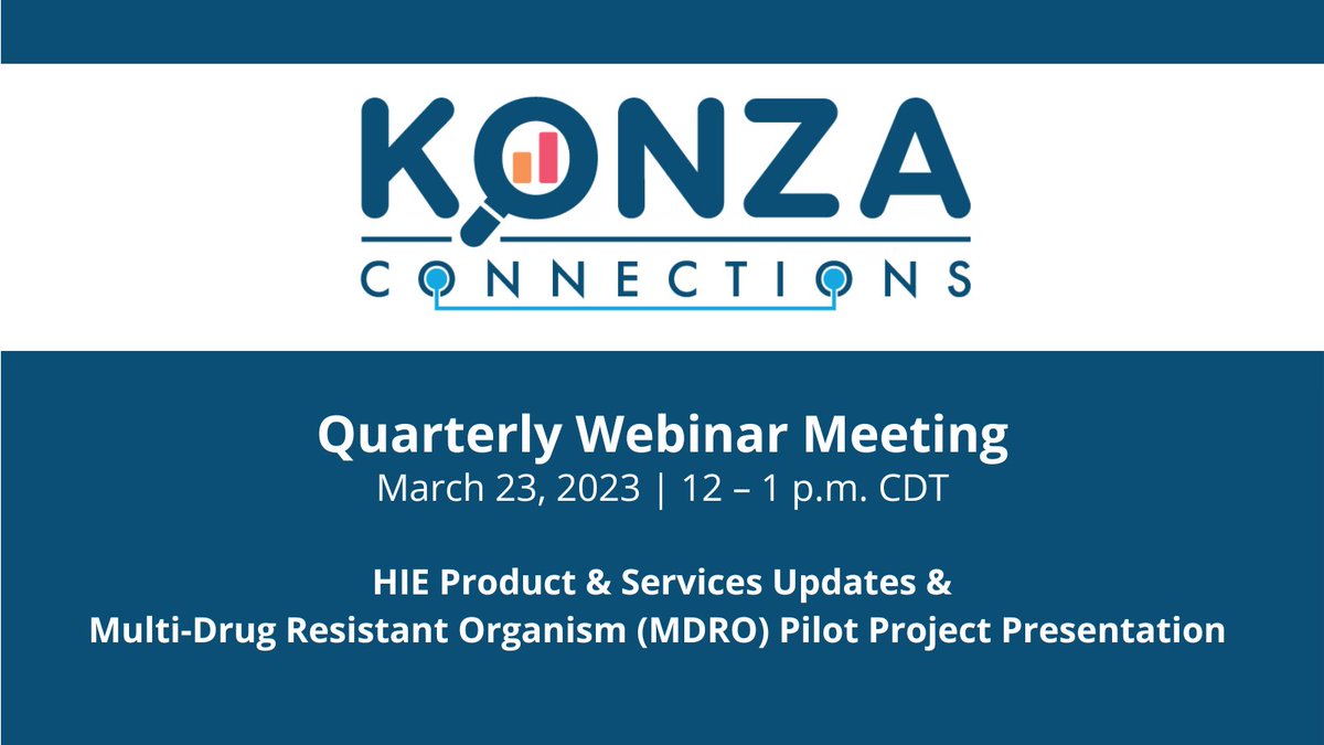 Join us for our quarterly meeting—KONZA Connections—on 3/23 @ 12 pm CT. We’ll share product and services updates, followed by a presentation by Chris Guerrero, Public Health PM, on our MDRO pilot project. Register: tinyurl.com/konza-webinar-… #healthcareit #publichealth #mdro