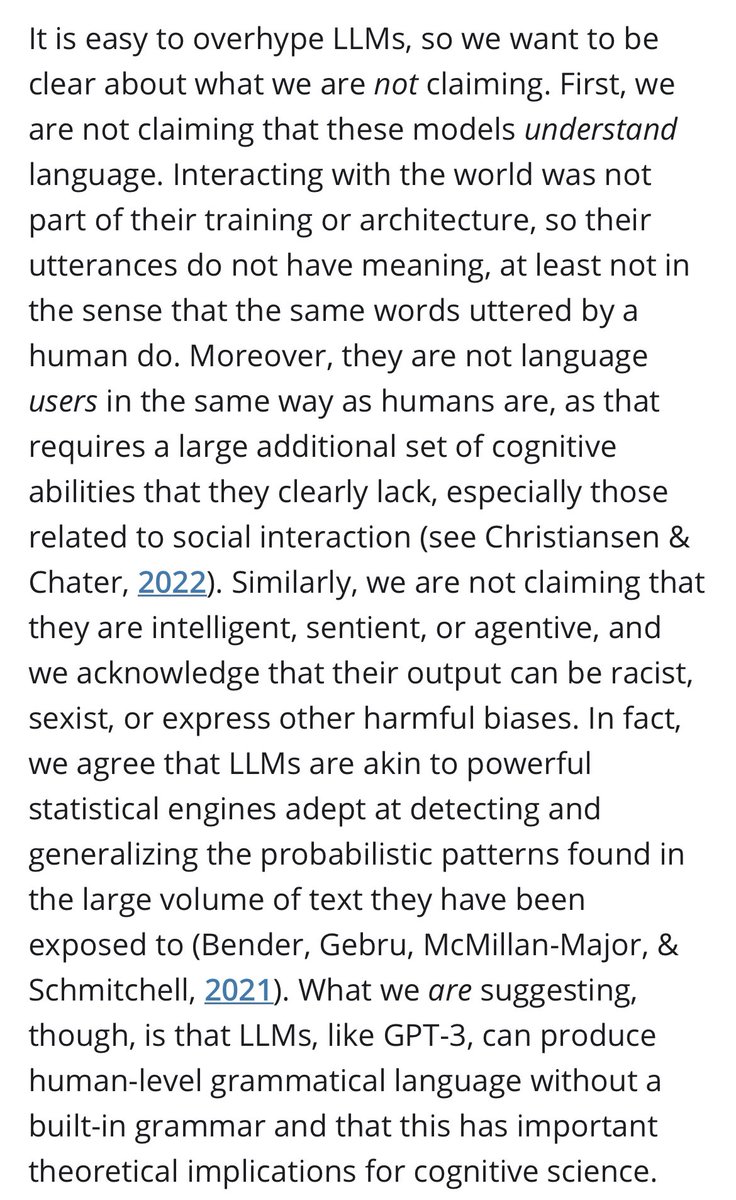 Ross (@ross_dkm) on Twitter photo For the Friday evening crowd still mulling over Chomsky’s op-ed, here’s a key passage from our recent letter in <a href="/cogsci_soc/">CogSci Society</a>. There are absolutely some things LLMs cannot do. But what they can do, they do very well - and that demands attention. onlinelibrary.wiley.com/share/6REPM3XF… For the Friday evening crowd still mulling over Chomsky’s op-ed, here’s a key passage from our recent letter in <a href="/cogsci_soc/">CogSci Society</a>. There are absolutely some things LLMs cannot do. But what they can do, they do very well - and that demands attention. onlinelibrary.wiley.com/share/6REPM3XF…