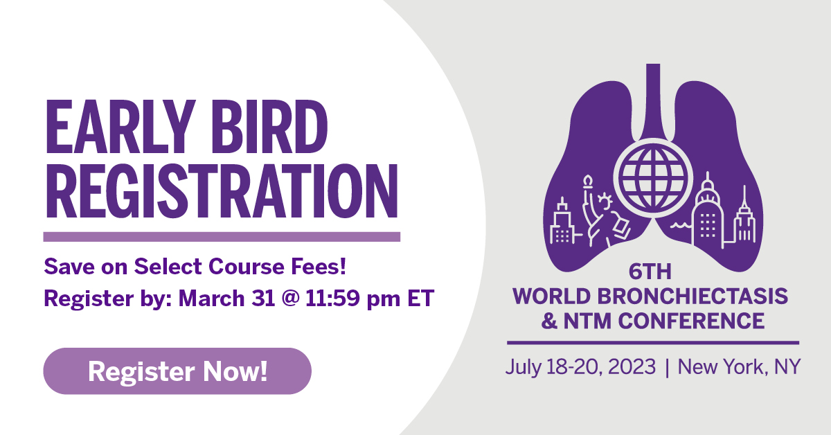 Save on select conference registration fees!  Register by EOD on Fri, March 31 to take advantage of Early Bird Rates! 

🔗 bit.ly/worldbronchntm  

#showmethesputum #earlybirdrates #meded #continuingmeded #hybridconference