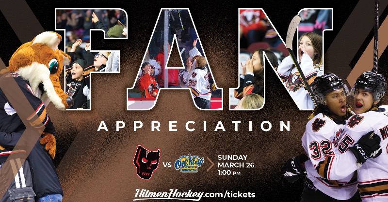 WHLHitmen's tweet photo. We're celebrating you on Sunday, March 26 for Fan Appreciation Night! 🎉
Get tickets to the last regular season home game and join us for a players award ceremony and activities for the entire family.
Cheer on the Hitmen as they take on the Oil Kings, score tickets now! 🏒