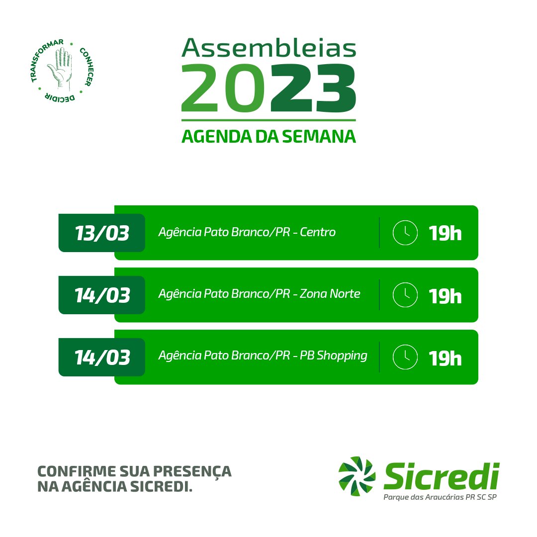 sicrediparque's tweet photo. Divulgado o calendário da semana.

📌LEMBRE-SE:
VOCÊ PRECISA CONFIRMAR SUA PRESENÇA NA AGÊNCIA.

O Processo Assemblear é o momento mais importante para as decisões da Cooperativa! 🤝
. https://t.co/5ubZxQxL4n