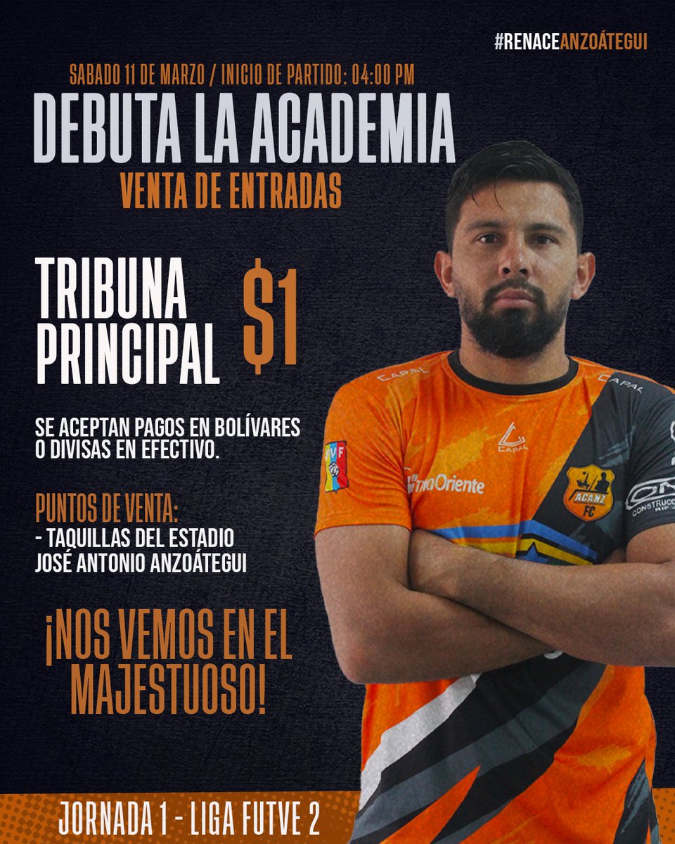 Anzoategui_FC's tweet photo. ¡DEBUTA LA ACADEMIA Y CONTAMOS CON TU APOYO! 🟠⚫

Adquiere tus entradas a para el partido frente a Dynamo Puerto FC de este sábado 11 de marzo.

💰 Precios:

Tribuna Principal: 1$

 📆 Sábado 11/3
📍Taquillas Estadio José A. Anzoátegui
⏰ Desde las 12:00 PM

#RenaceAnzoategui 🟠 https://t.co/dT2tYkGgOq