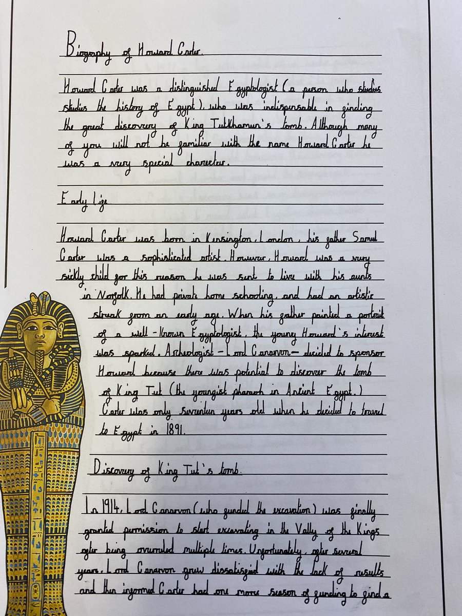 MrSmithWPS's tweet photo. As part of of our Ancient Egypt topic Y5 @WoodlesfordPri have written biographies about Howard Carter. The children worked so hard to research information and put their knowledge into their own words and writing style #welovetowrite @MissCollierWPS @mrstraffordwps @MrsMurrayWPS https://t.co/Wk6UHOodr3