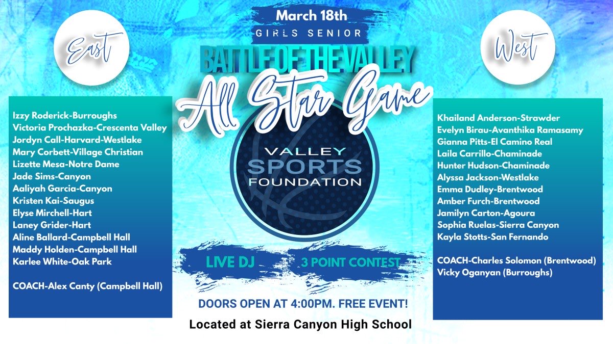pollonpreps's tweet photo. March 18 at Sierra Canyon in Chatsworth 

Valley Sports Foundation “Battle of the Valley” senior all-star games

Girls 5 pm and boys 7 pm
⁦@westlakehsgbb⁩ ⁦@HartGirlsBaske1⁩ ⁦@gocampbellhall⁩ ⁦@CanyonGBB⁩ ⁦@BurroughsGirls⁩ ⁦@bwoodathletics⁩ https://t.co/xc3fddrqRE