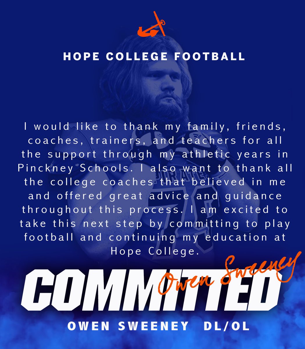 Excited to announce my commitment to play football <a href="/HopeCollegeFB/">Hope College Football</a> and looking forward to continuing my education <a href="/HopeCollege/">Hope College</a>. Special thank you to <a href="/PStuursm/">Peter Stuursma</a>  <a href="/jacobpardonnet/">Jacob Pardonnet</a> <a href="/Coach_HThompson/">Hunter Thompson</a> <a href="/Ztelfor45/">Coach Telfor</a> and the entire football staff for believing in me! Anchor down! ⚓️🏈