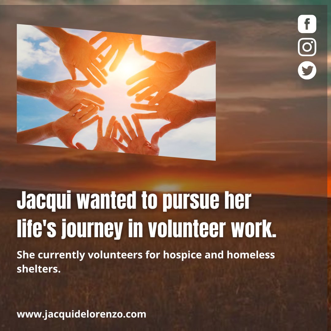 jacquiannd's tweet photo. Jacqui DeLorenzo currently volunteers for hospice and homeless shelters. She finds this work most rewarding and a way to give back to others for all the great gifts of life given to her.

#JacquiDeLorenzo #Volunteer #StraightFromMyHeart #AThreadOfHope #AfterTheRain https://t.co/6Gyo0nmOu6