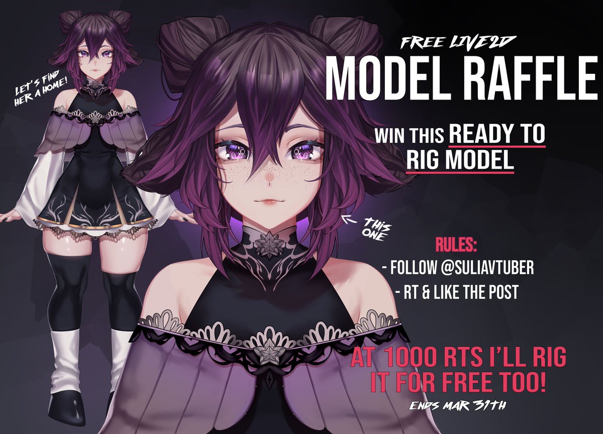 SuliaVtuber's tweet image. 💜LIVE2D MODEL RAFFLE💜
Let's find her a home that will love her! (❁´◡`❁)

Rules:
💜Follow @SuliaVtuber
💜Rt and Like the post
💜Ends on Mar 31th!

Good luck everyone ( •̀ ω •́ )✧
Write below a possible lore for her! At 1k RTs I'll rig her too for free ᕦ(ò_óˇ)ᕤ