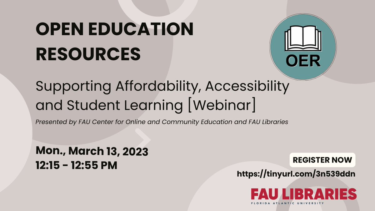 kpadron_mlis's tweet photo. What are #OpenEducationResources and how can they help student learning? This webinar by @FAUeLearning and @FAULibraries will show how to find #OER, evaluate it, and library services that can assist! Webinar is March 13 at 12:15, register at https://t.co/qxIN4Vg18c! #OEWeek23 https://t.co/sNEZVBy8W8