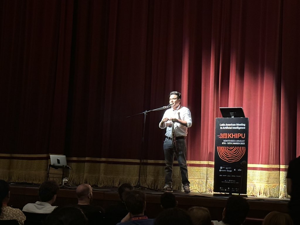 sarahookr's tweet photo. Really lovely presentation by @OmarUFlorez on the meaning of khipu — a physical record of information by tying knots in string. 

Both 2019 and 2023 have now been recorded in string by Omar to commemorate the two in person meetings of @Khipu_AI. https://t.co/I5T0NBuizB