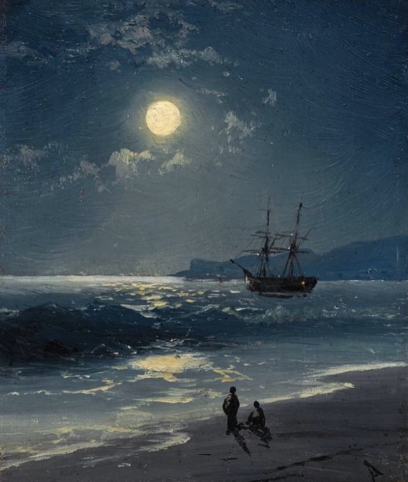 Sailing ship on a calm sea by moonlight - 1884