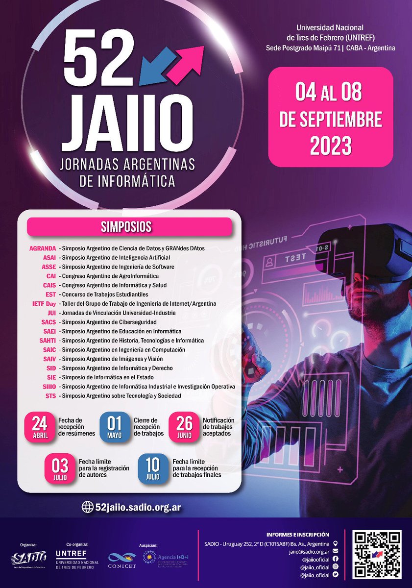 Con <a href="/jaiio_oficial/">55 JAIIO</a> te invitamos a presentar tu trabajo en la #52JAIIO del 04 al 08 de septiembre de 2023. Hasta el 01 de mayo tenés tiempo, animate!