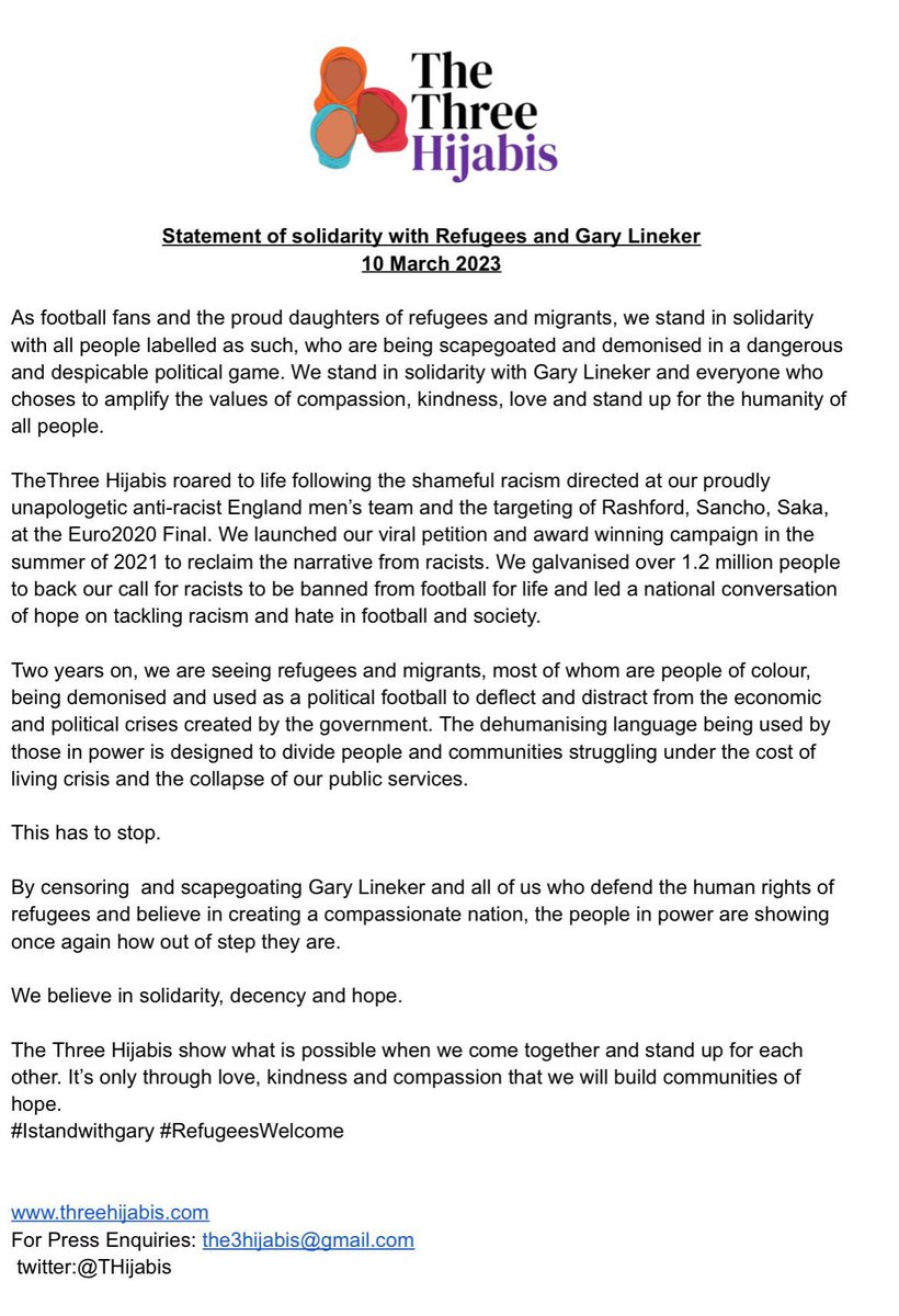 Three Hijabis statement of solidarity with Refugees and #IStandWithGary. ‘As football fans and proud daughters of refugees &amp; migrants, we stand in solidarity with all people labelled as such, who are being scapegoated and demonised in a dangerous and despicable political game.’