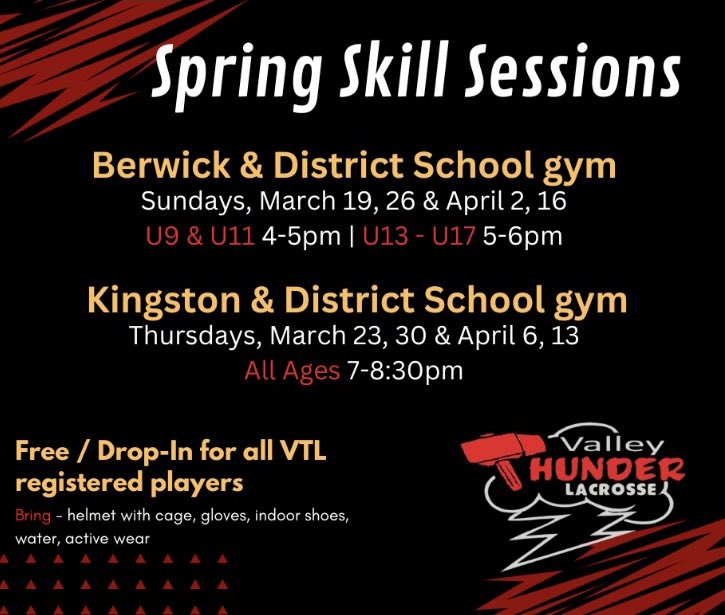 We are ready to roll <a href="/ValleyThunderLX/">Valley Thunder Lacrosse</a> with some try it and skills sessions! See below for details! We hope to see you on the floor soon! <a href="/LacrosseNS/">Lacrosse Nova Scotia</a> #BoxLacrosse #Teamwork