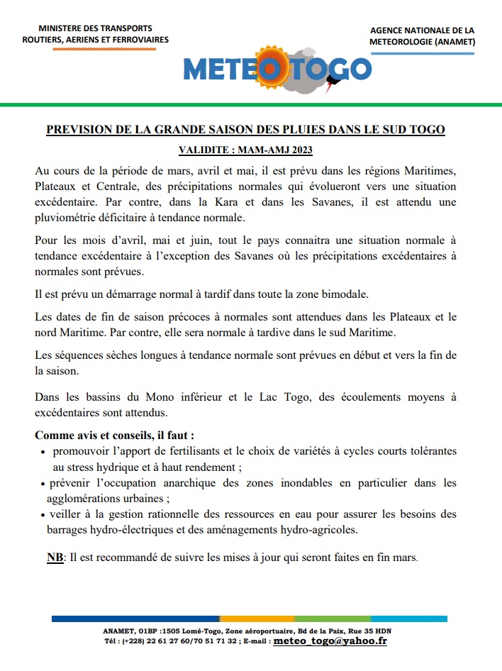 MTRAF_TG's tweet image. #Togo 🇹🇬
Avec déjà quelques pluies qui arrosent nos terres, il est important de se tenir informé des prévisions de la météo pour se préparer face aux conditions météorologiques à venir. 
Ci-joint, les prévisions de la grande saison des pluies dans le sud Togo.
#ANAMET
#FSRP
#BM