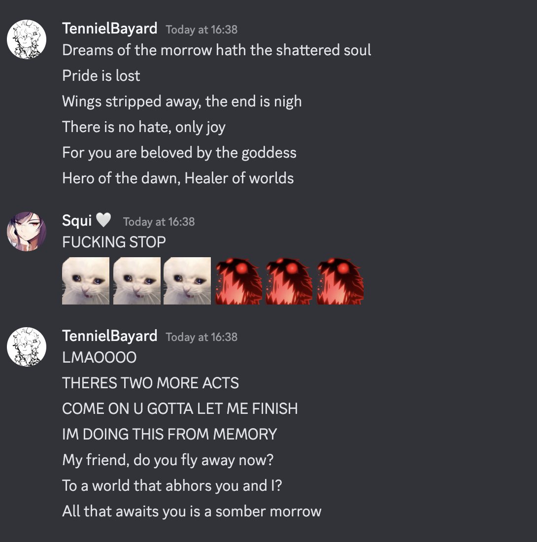 TennielBayard's tweet photo. If yall ever want to know my weird talent, I can recite loveless from FF from memory, and I use this to torment my friends
#TenHeeHee #Envtuber https://t.co/zPJt2K4jPU
