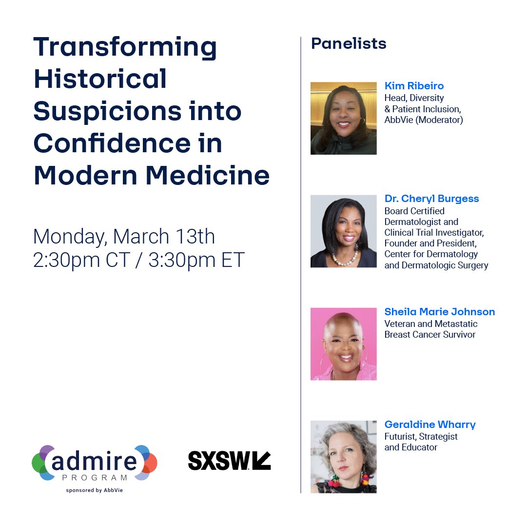 Creating change takes a village. We'll be at #SXSW live tweeting our panel discussion next week on addressing historical suspicions around clinical research to drive more inclusive #ClinicalTrials. Stay tuned to learn how you can be an advocate. Follow #JourneyToADMIRE for more.