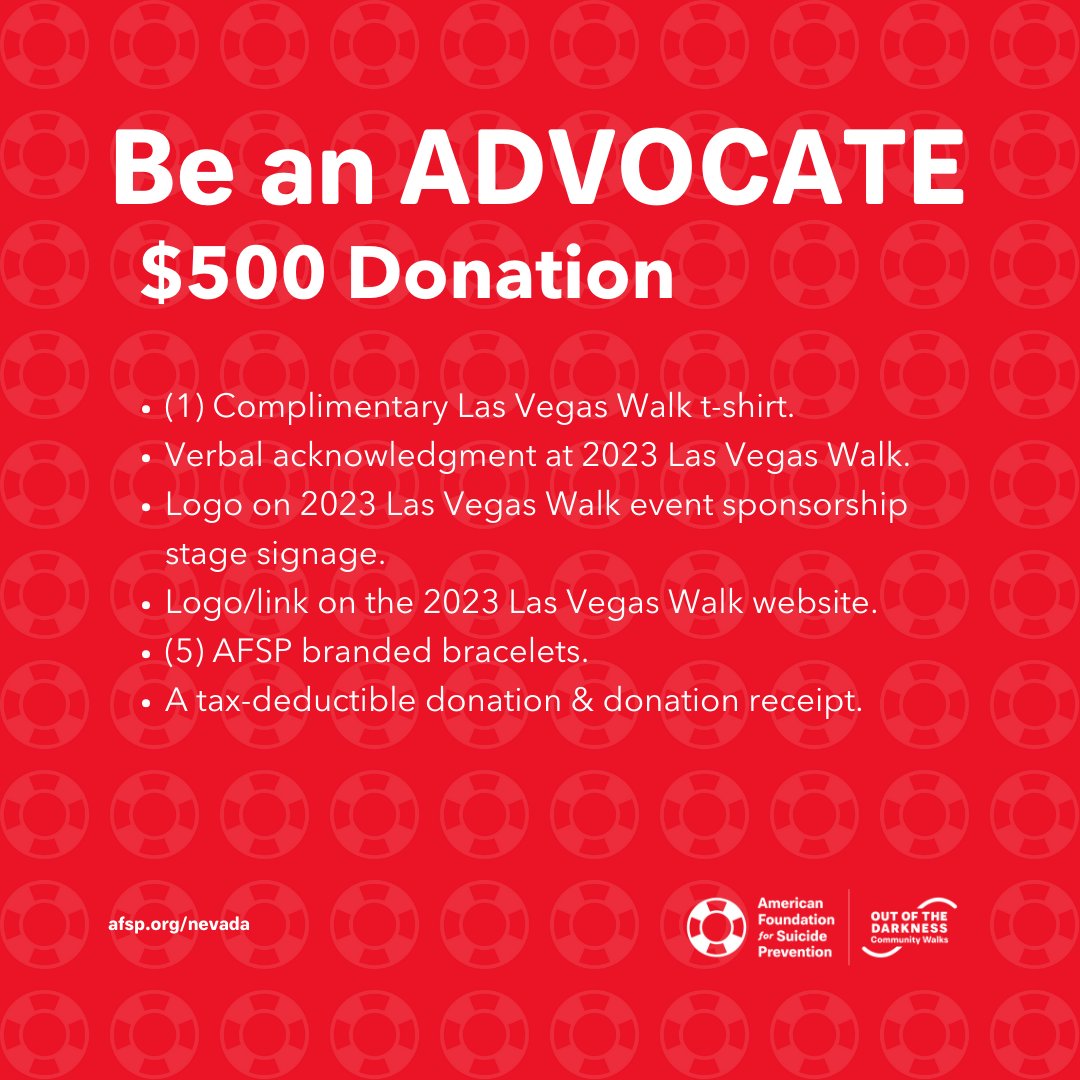 We are looking for sponsors for our upcoming walks in Las Vegas and Reno. The levels start at $500 and go up to $10,000+. This also includes in-kind sponsorship as well, for example a donated service or goods for the silent auction. Email mtran@afsp.org to find out more info.