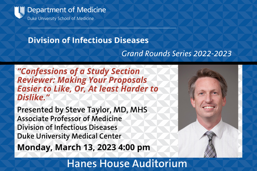 DukeAdultID's tweet photo. Another great #IDGrandRounds offering. Won't you join us this coming Monday, March 13 at 4:00 pm in the Hanes House Auditorium. Duke Event Calendar Virtual Link: https://t.co/kn17oqLspB
More details: https://t.co/DYbBQbgQnO #IDTwitter #IDFellows #IDResearch #IDProposals https://t.co/QHf32jgp9J
