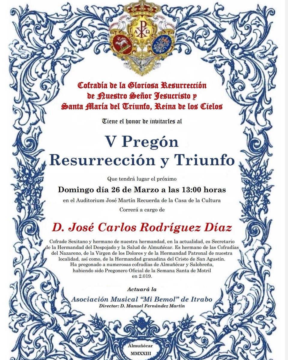 Cfrd_Resucitado's tweet image. 💙V PREGÓN DE LA RESURRECCIÓN Y TRIUNFO🤍

Informamos a todos nuestros hermanos que el Domingo día 26 de Marzo a las 13:00 horas se llevará a cabo el pregón de nuestra hermandad.

Dicho pregón correrá a cargo de D. José Carlos Rodríguez Díaz.

Os esperamos a todos.