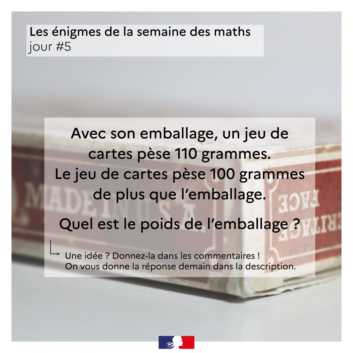 acpoitiers's tweet photo. ➕Dernière énigme de la semaine à l'occasion de la #SemainedesMathematiques, sur le thème 2023 "Maths à la carte" ♠️♣️♥️♦️
Tout le monde peut jouer ! Une idée ?
La réponse demain en commentaire du post ! https://t.co/V3w77KgJfL