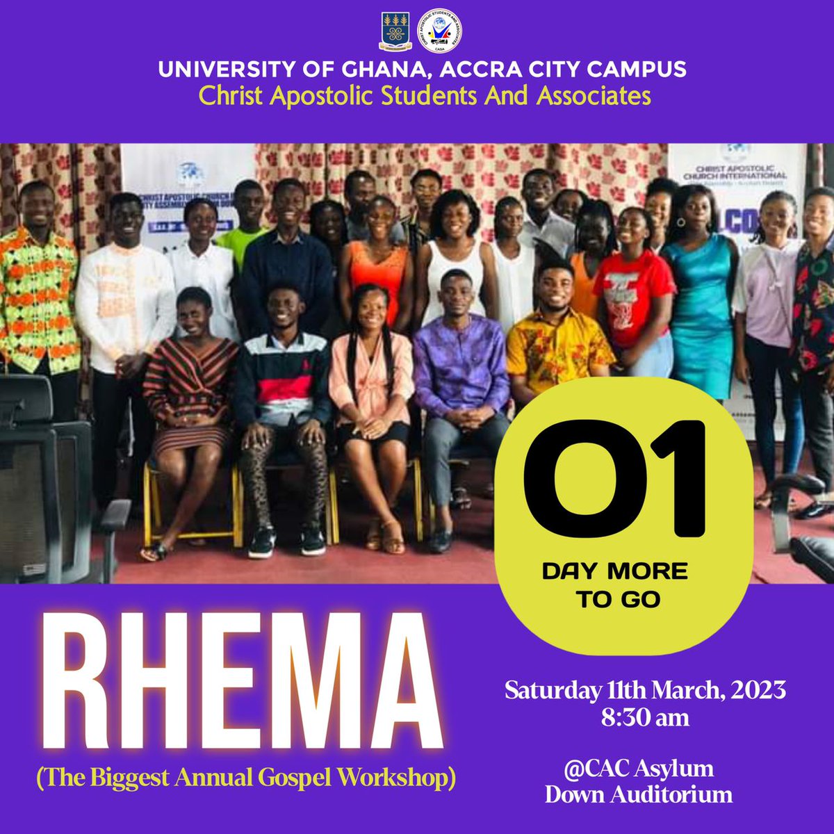 casacitychapter's tweet photo. JUST 🅰️ DAY MORE TO #RHEMA 4.0!!! 🥳❤️‍🔥💃

SEE YOU 🔜!!! 🏃‍♂️🏃‍♀️

#bearingfruitofourkind #Rhema23
#casacitychapter #casaglobal
#casamove #casatakeover #WithAVision 
#ComeAndSee #WithAStrongVision https://t.co/AdiRaFHCmW