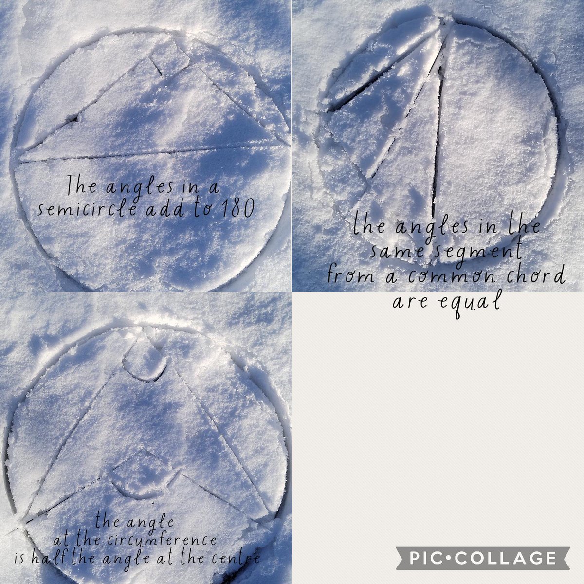 MsTurnerMaths's tweet image. My Year 10s made their own Circle Theorems in the snow ❄️☃️🤩 great way to spend a snow day 🤓
#circletheorems #snowday