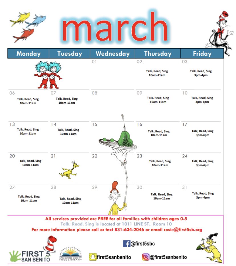 Calendar for March 2023 for our Talk Read Sing program! #first5sanbenito #sanbenitocounty #talkreadsing