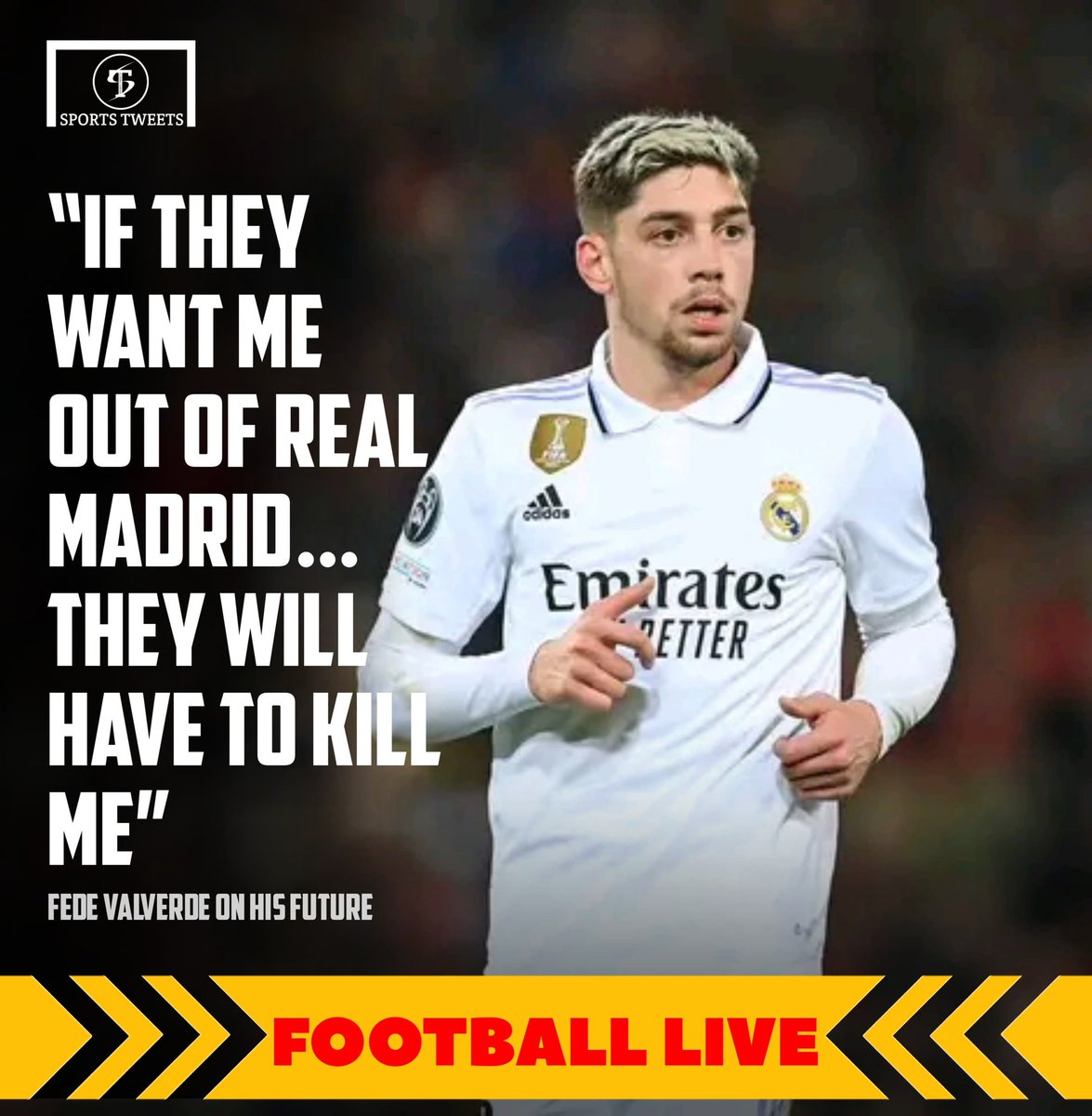 SportsTOfficial's tweet photo. 🚨 Valverde’s departure was not even a topic, not even when English clubs approached him two years ago. ⚪ #RealMadrid #Valverde #football #transfers #trending #sportstweets #fyp #viral https://t.co/wtu96a4sbD