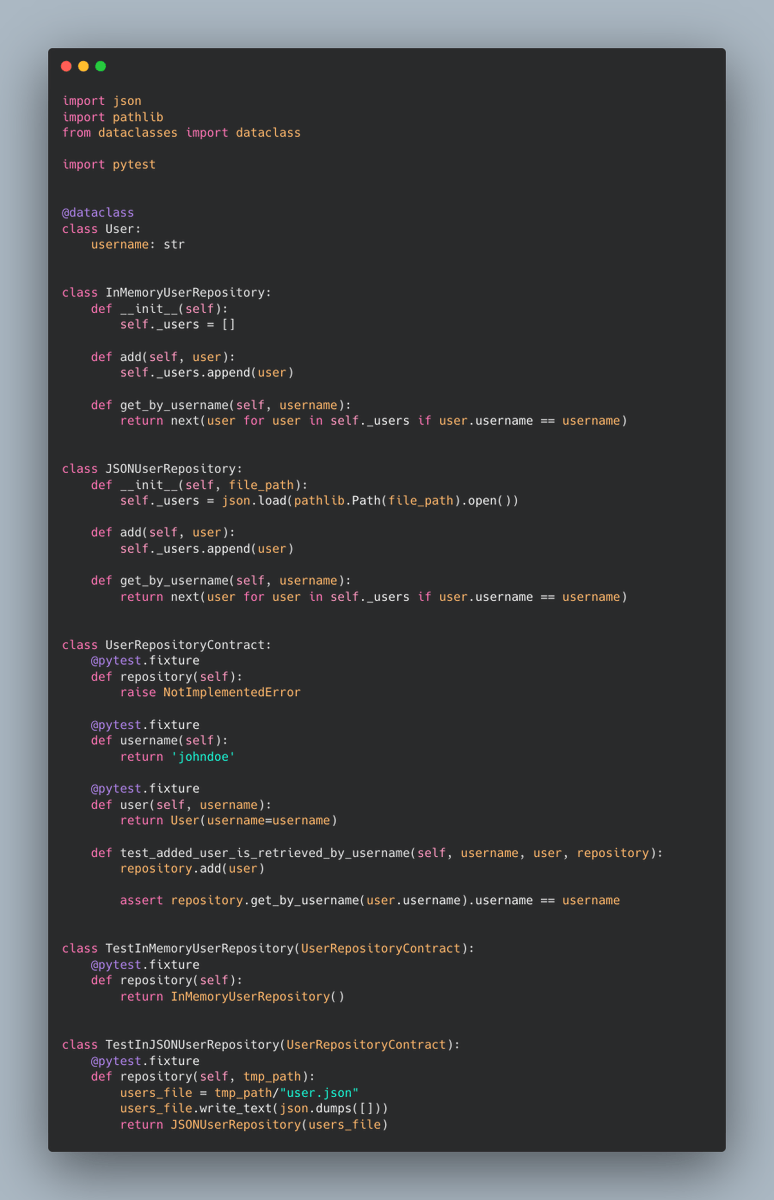 testdrivenio's tweet image. Python clean code tip:

Use contract testing when you want to verify the same behavior for different implementations

Useful when:
- You want to improve the current implementation and switch between old/new using a feature flag
- You want an in-memory test double

👇