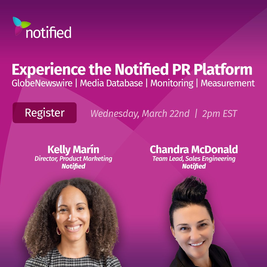 Notified's tweet photo. On March 22, join us LIVE for a tour of the @Notified #PR Platform with experts @KellyByrdMarin &amp; @ChandraMcdonald!

Get an exclusive look at our #PRSoftware that’s integrated, intelligent and easy to use.

Save your seat: https://t.co/xy8EWdUTVu https://t.co/dKTC0g5PqS