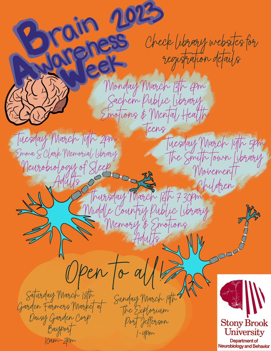 It’s almost here! Check out the happenings <a href="/SBUNeurobiology/">Stony Brook Department of Neurobiology & Behavior</a> will be having for Brain Awareness Week! So excited for such a huge line-up this year!! And keep your 👀 for a few surprises
<a href="/dana_fdn/">Dana Foundation🧠</a>