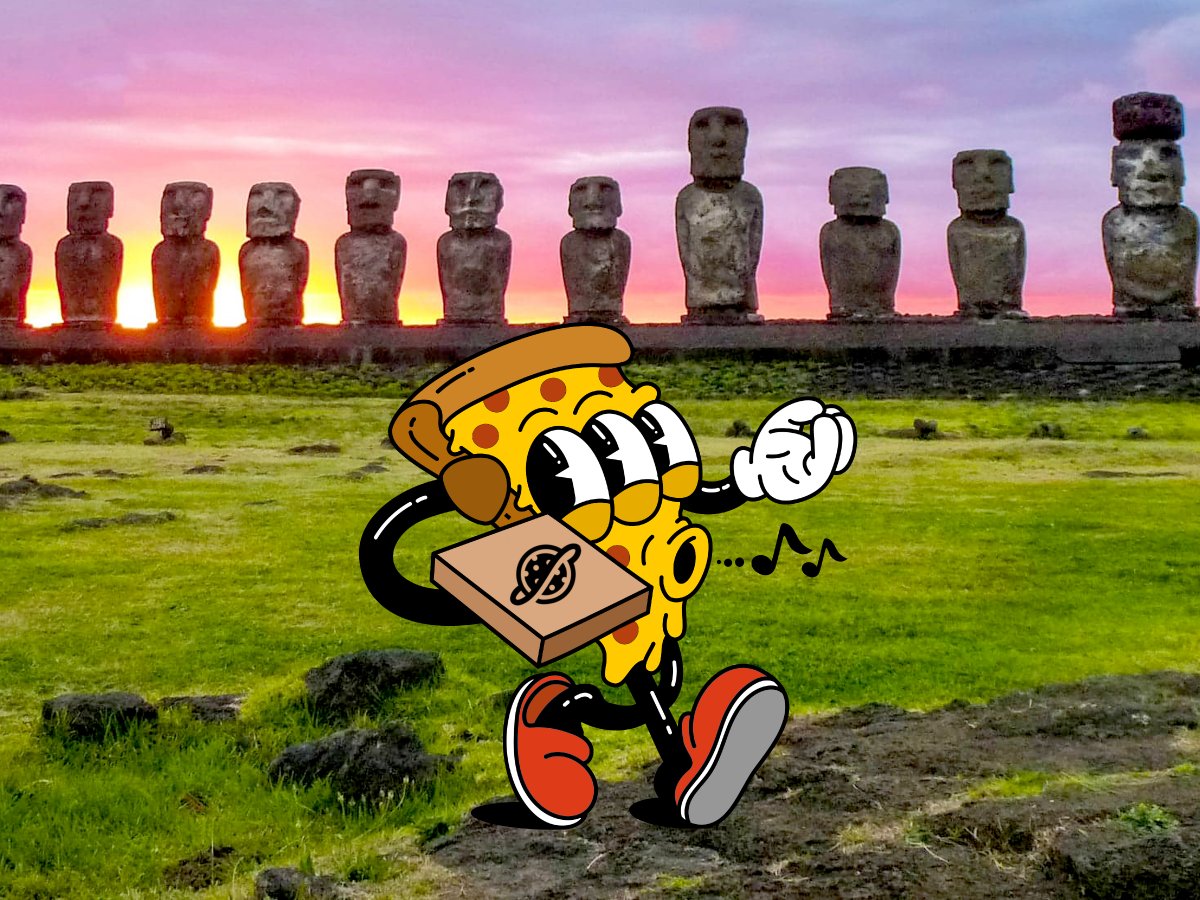 It's Friday and Benny knows it! 😎🍕 
And did you know that I spent two years delivering pizzas in Rapa Nui?
 Ever heard of the Moai? 😜

 #PizzaFriday #RapaNui #Moai #Web3 #Pizzalovers