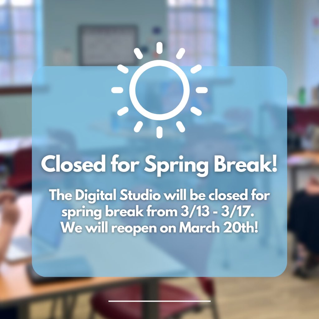 FSUDigiStudio's tweet photo. Have a safe spring break, we already miss ya! 🤩 We will be back for our regularly scheduled hours March 20th. 

#FSU https://t.co/ByU083HwaX