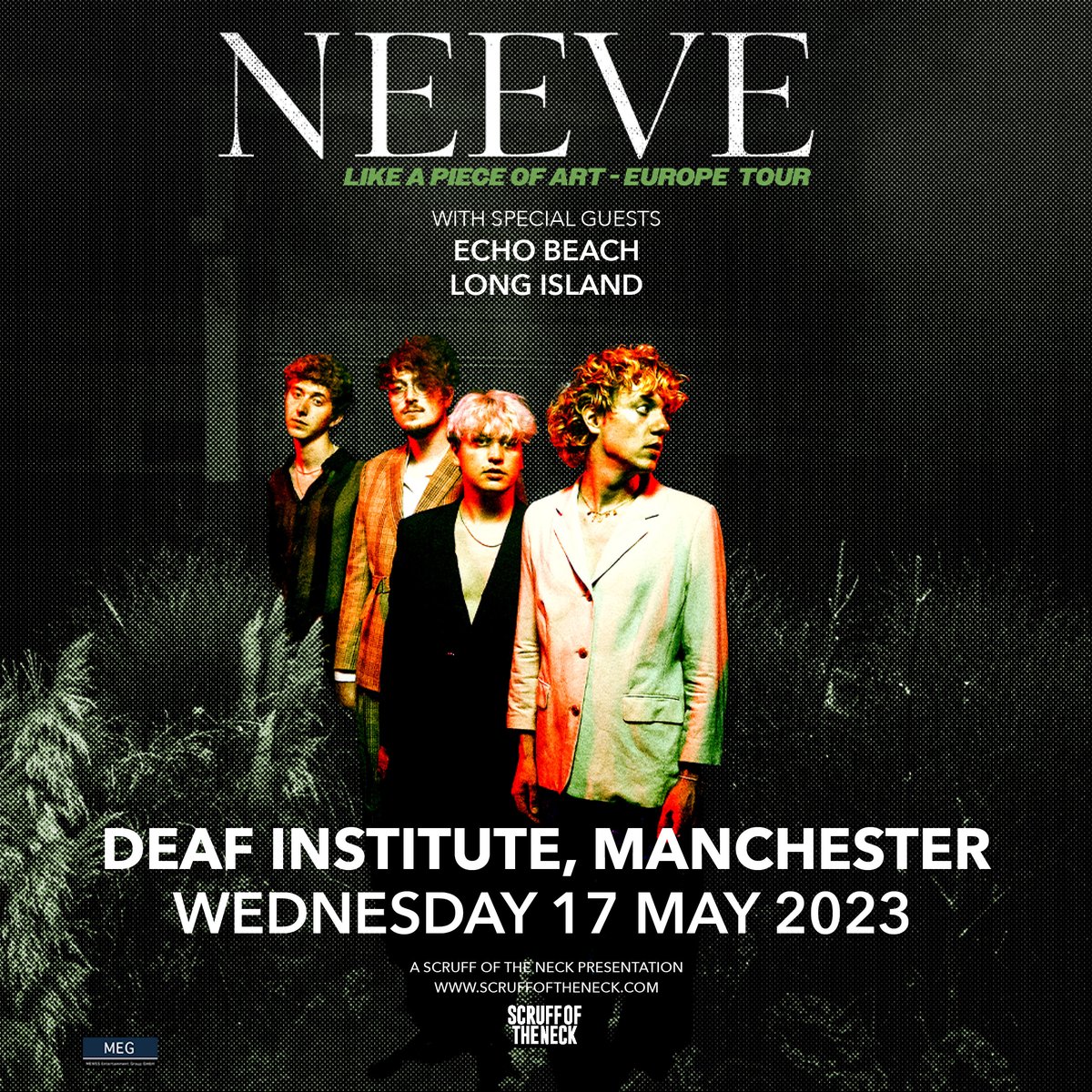 we're extremely excited to announce we're supporting the wonderful @NEEVE_music at Deaf Institute in Manchester on May 17th, alongside the wonderful @echobeach_uk 

much love to @scruffoftheneck for having us!
