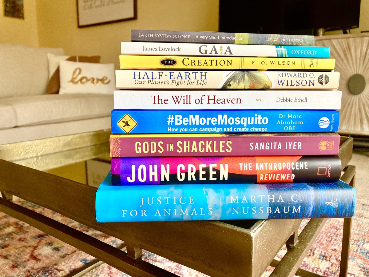 I got my reading cut out for me.

#reading #books #halfearth #eowilson #godsinshackles #sangitaiyer #theanthropocenereviewed #johngreen #justiceforanimals #marthacnussbaum #thewillofheaven #debbieethell #creation #earthsystemscience #timlenton #bemoremosquito #marcabraham