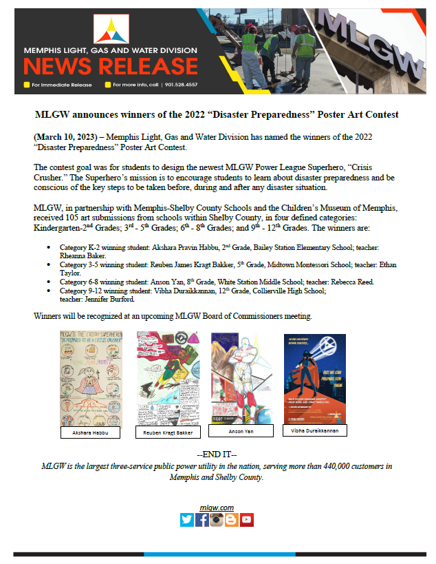 #MLGW has named the winners of the 2022 “Disaster Preparedness” Poster Art Contest. #MLGWNews