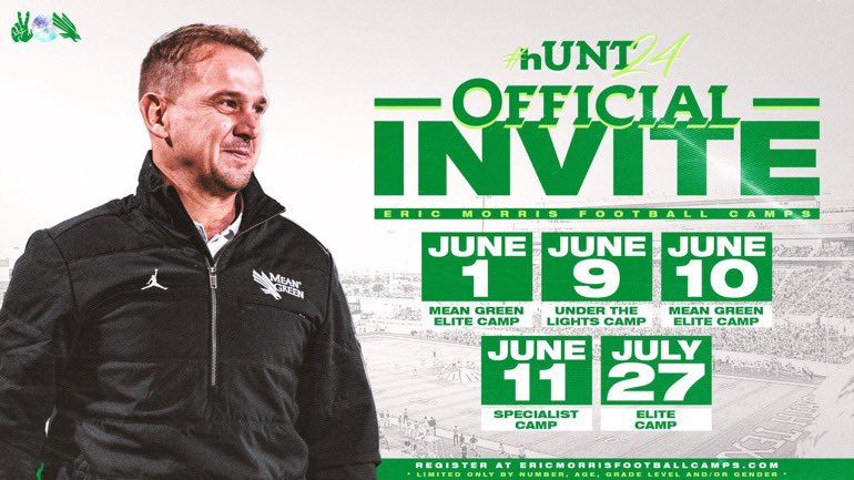 Huge thanks to @TrustMyEyesO for the Official @UNTFootball camp invite.  @RossRoby1 @PCobbs43 #GMG #MeanGreenFamily #PiratesParadise