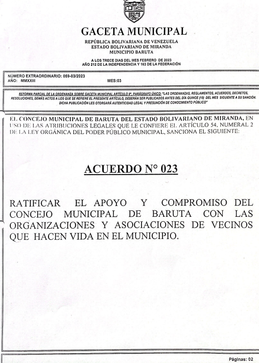 migonzalezm's tweet photo. Baruta: positiva la Resolución 023 del Concejo Municipal de Baruta (publicada en la Gaceta Municipal Extraordinaria n° 059-03 / 2023), ratificando el apoyo y compromiso con las organizaciones y asociaciones del municipio. Algo muy bueno porque hay presión sobre algunas de ellas. https://t.co/tfLvXHswrl