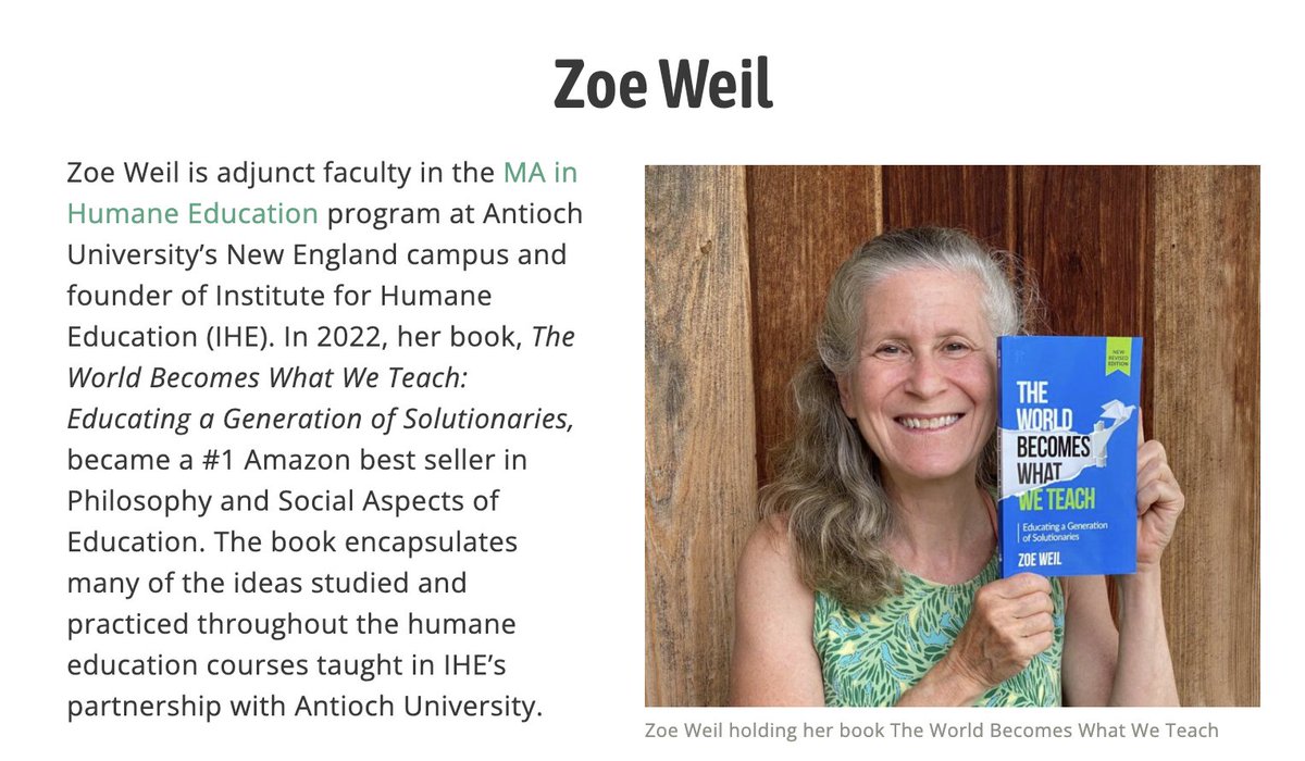 HumaneEducation's tweet image. Thanks for the shout-out, @AntiochU. We are so proud of IHE President @ZoeWeil and her book The World 
 Becomes What We Teach for becoming an Amazon #1 best seller last year! #TheWorldBecomesWhatWeTeach #Solutionaries

commonthread.antioch.edu/notes/zoe-weil/