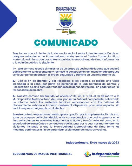 #IndependenciaComunica / Pronunciamiento de la <a href="/MunIndependenci/">Municipalidad de Independencia</a>  sobre el parqueo vehicular ilegal en la Panamericana Norte con Tomás Valle. ✔✅