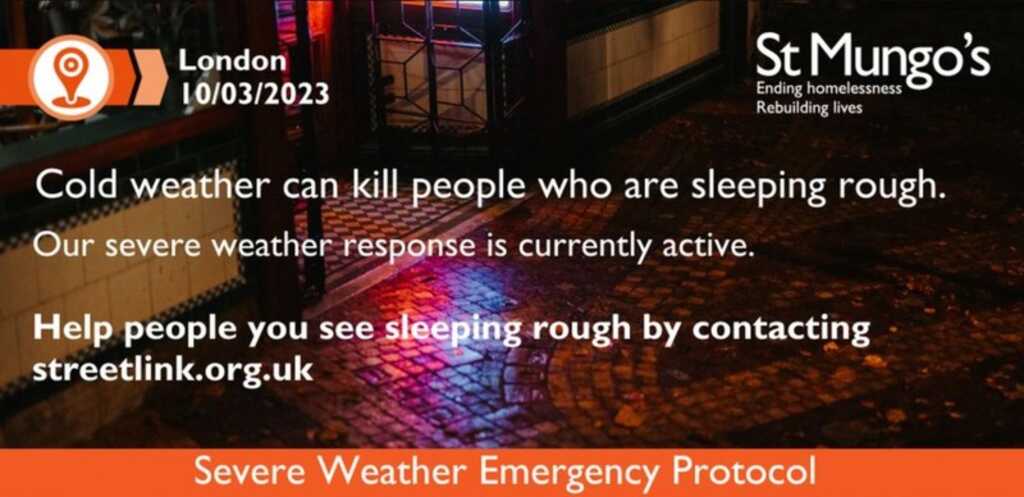 Due to the cold weather, the Severe Weather Emergency Protocol (SWEP) has been activated in London. This provides more emergency accommodation for people who are sleeping rough.

If you see someone #SleepingRough in London, please @Tell_StreetLink

streetlink.org.uk