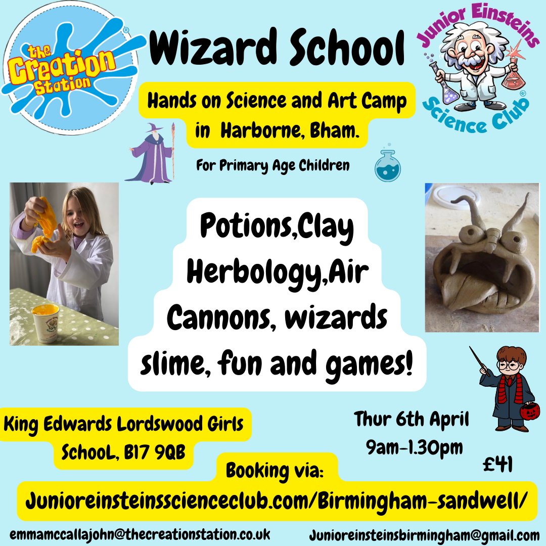 Hands on fun Science meets exciting Wizard themed art! Make Potions, Slime & experience Clay Herbology! Ages 5-11yrs.
#birminghamuk #stem #steam #bournville #brummiemummies #brumhour #kingsheath #newtoscience #harborne #bearwood  #whatson4kids  #edgbaston #solihullmums