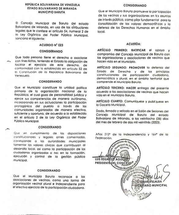 migonzalezm's tweet photo. Baruta: positiva la Resolución 023 del Concejo Municipal de Baruta (publicada en la Gaceta Municipal Extraordinaria n° 059-03 / 2023), ratificando el apoyo y compromiso con las organizaciones y asociaciones del municipio. Algo muy bueno porque hay presión sobre algunas de ellas. https://t.co/tfLvXHswrl
