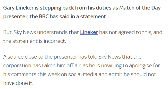 ShehabKhan's tweet photo. Interesting detail from Sky News - @GaryLineker disagrees with BBC line he is "stepping back" says he was taken off air for refusing to apologise for comparing the government's immigration policy to Nazi Germany https://t.co/ZtS93uWXG5